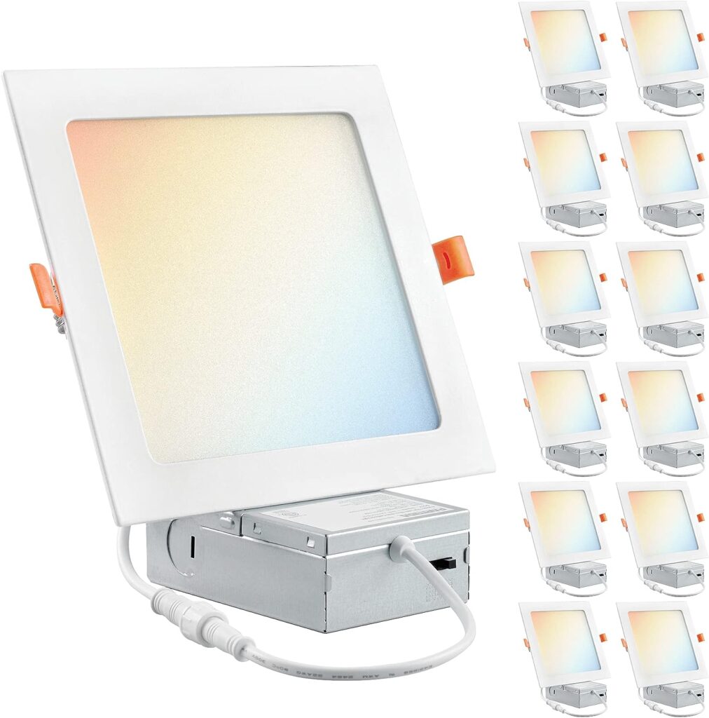 PARMIDA (12 Pack) 6 Inch Square 5CCT Ultra Thin LED Recessed Lighting with Junction Box, 2700K/3000K/3500K/4000K/5000K 5 Color Selectable, 12W, Dimmable, Canless Wafer Slim Panel Lights, IC Rated, ETL PARMIDA (12 Pack) 6 Inch Square 5CCT Ultra Thin LED Recessed Lighting with Junction Box, 2700K/3000K/3500K/4000K/5000K 5 Color Selectable, 12W, Dimmable, Canless Wafer Slim Panel Lights, IC Rated, ETL