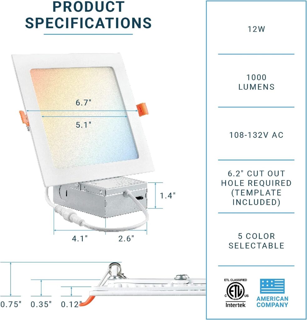 PARMIDA (12 Pack) 6 Inch Square 5CCT Ultra Thin LED Recessed Lighting with Junction Box, 2700K/3000K/3500K/4000K/5000K 5 Color Selectable, 12W, Dimmable, Canless Wafer Slim Panel Lights, IC Rated, ETL PARMIDA (12 Pack) 6 Inch Square 5CCT Ultra Thin LED Recessed Lighting with Junction Box, 2700K/3000K/3500K/4000K/5000K 5 Color Selectable, 12W, Dimmable, Canless Wafer Slim Panel Lights, IC Rated, ETL