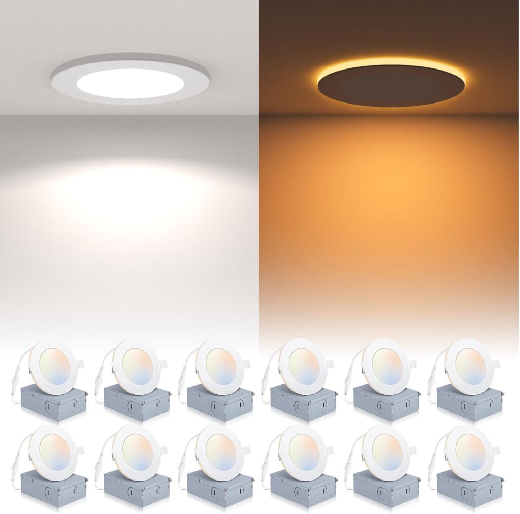12 Pack Recessed Lighting 6 Inch with Night Light, 6 Inch LED Recessed Lights 5CCT Dimmable 2700K/3000K/4000K/5000K/6000K, 15W 1200LM Ultra Thin Recessed Lighting - ETL and Energy Star Certified