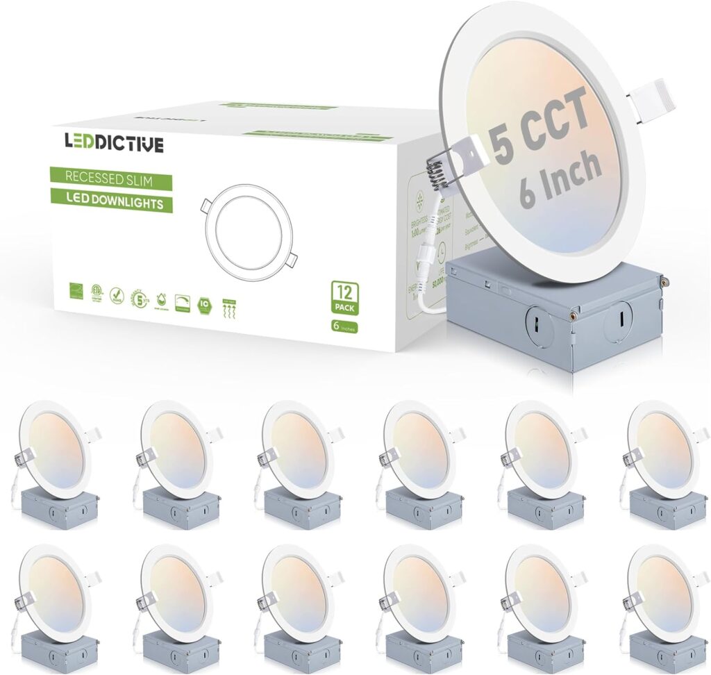 12 Pack Recessed Lighting 6 Inch with Night Light, 6 Inch LED Recessed Lights 5CCT Dimmable 2700K/3000K/4000K/5000K/6000K, 15W 1200LM Ultra Thin Recessed Lighting - ETL and Energy Star Certified
