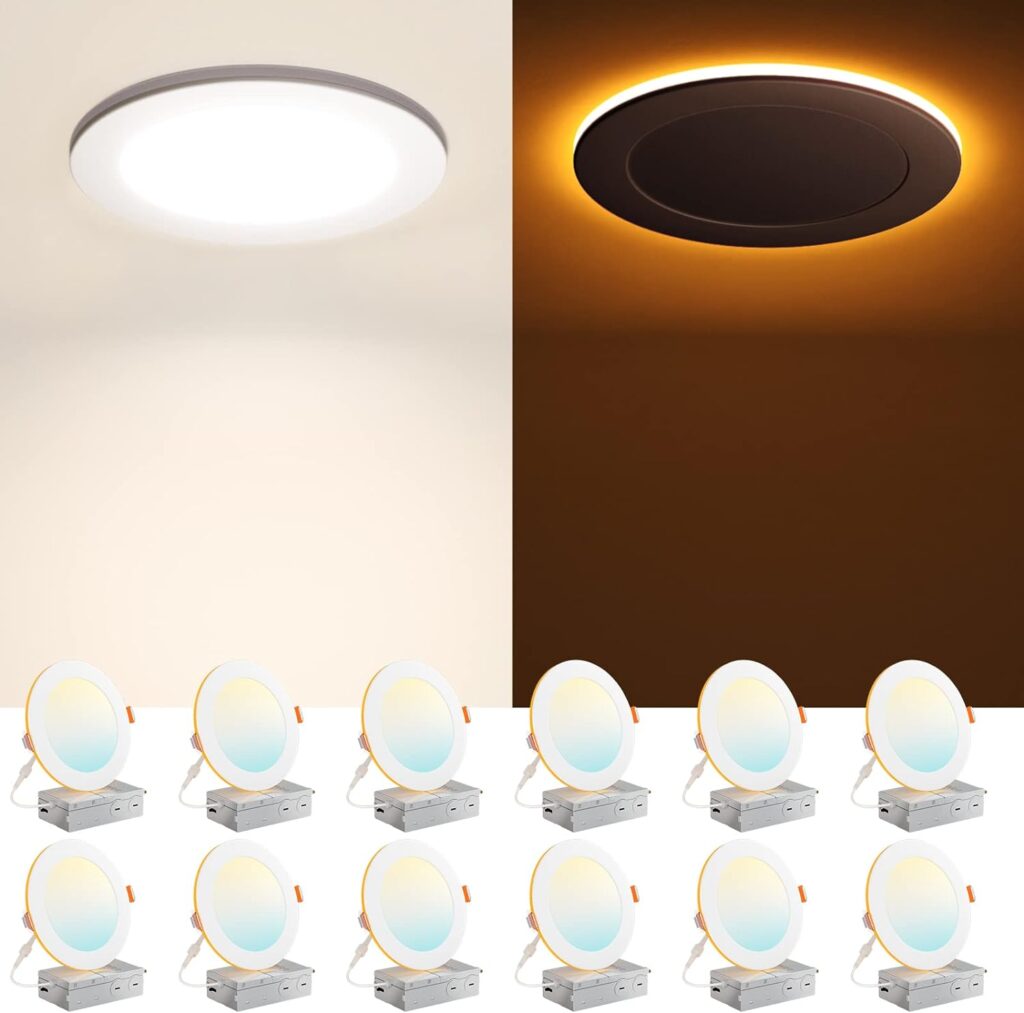 Amico 12 Pack 6 Inch 5CCT LED Recessed Ceiling Light with Night Light, 2700K/3000K/3500K/4000K/5000K Selectable Ultra-Thin Lighting, 12W=110W, 1100LM, Dimmable Canless Wafer Downlight ETLFCC