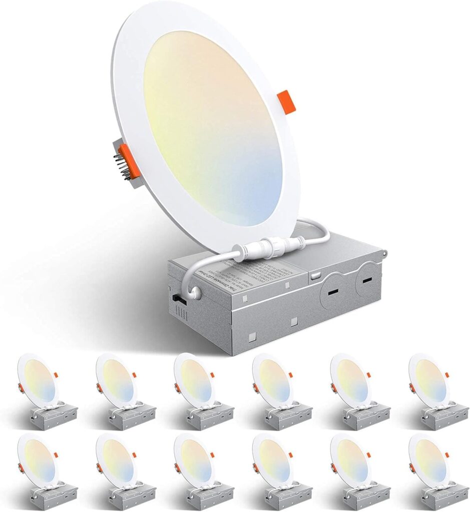 Amico 12 Pack 6 Inch 5CCT Ultra-Thin LED Recessed Ceiling Light with Junction Box, 1050LM Brightness, Dimmable Canless Wafer Downlight, 12W, ETLFCC Amico 12 Pack 6 Inch 5CCT Ultra-Thin LED Recessed Ceiling Light with Junction Box, 1050LM Brightness, Dimmable Canless Wafer Downlight, 12W, ETLFCC