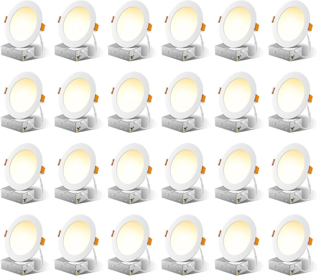 24 Pack 6 Inch 5CCT Ultra-Thin LED Recessed Ceiling Light with Junction Box, 2700K/3000K/3500K/4000K/5000K Selectable, 1050LM Brightness, Dimmable Canless Wafer Downlight, 12WEqv110W-ETLFCC 24 Pack 6 Inch 5CCT Ultra-Thin LED Recessed Ceiling Light with Junction Box, 2700K/3000K/3500K/4000K/5000K Selectable, 1050LM Brightness, Dimmable Canless Wafer Downlight, 12WEqv110W-ETLFCC