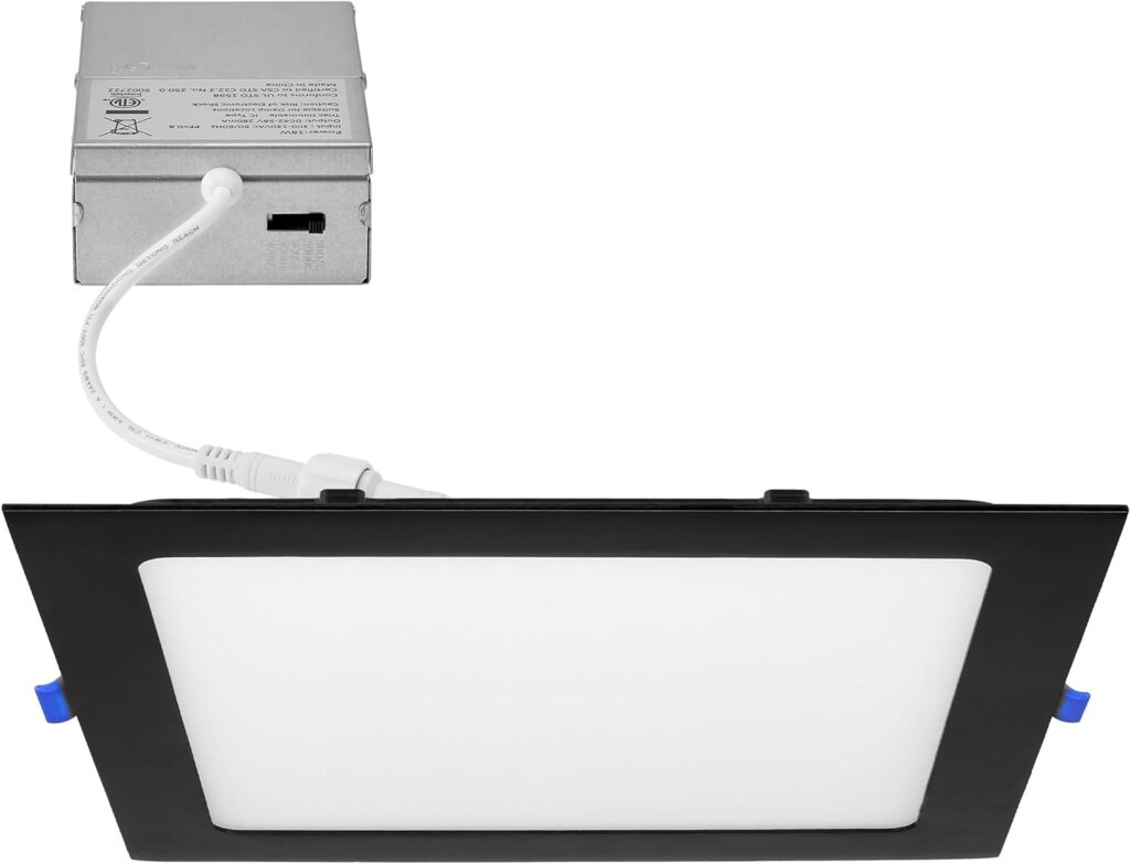 Maxxima 8 in. 5CCT Square Recessed LED Downlight, 1600 Lumens Slim Flat Panel Color Selectable 2700K/3000K/3500K/4000K/5000K, Dimmable, Canless IC Rated, White Trim, J-Box Included Maxxima 8 in. 5CCT Square Recessed LED Downlight, 1600 Lumens Slim Flat Panel Color Selectable 2700K/3000K/3500K/4000K/5000K, Dimmable, Canless IC Rated, White Trim, J-Box Included