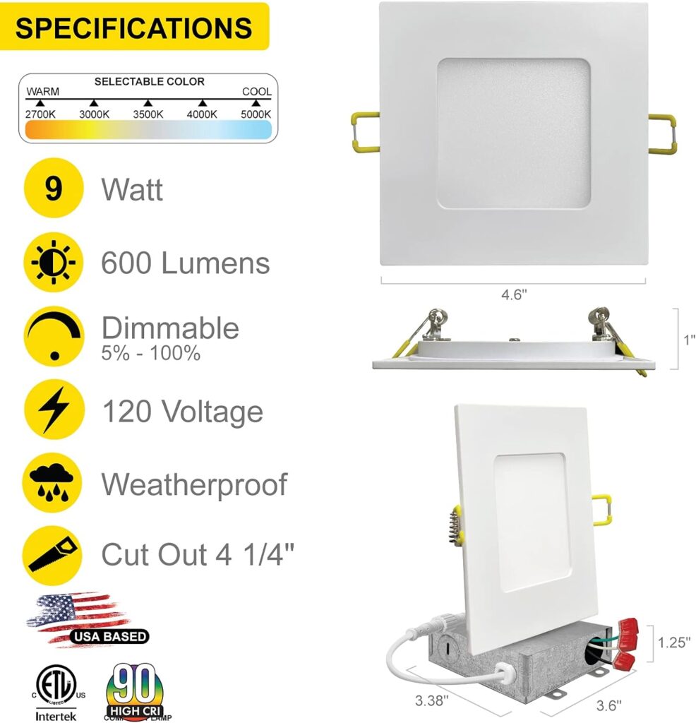 NUWATT 6 Pack 4 Inch Square Wafer LED Recessed Lighting, 5 CCT Selectable 2700K/3000K/3500K/4000K/5000K, 630 Lumens Dimmable, Wet IC Rated Downlight, 4 Canless Square Lights, Diecast Aluminum J-Box NUWATT 6 Pack 4 Inch Square Wafer LED Recessed Lighting, 5 CCT Selectable 2700K/3000K/3500K/4000K/5000K, 630 Lumens Dimmable, Wet IC Rated Downlight, 4 Canless Square Lights, Diecast Aluminum J-Box